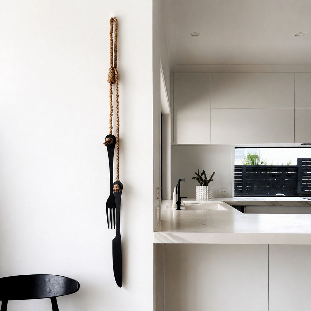 large cutlery (knife & fork) wall decor | black w natural rope