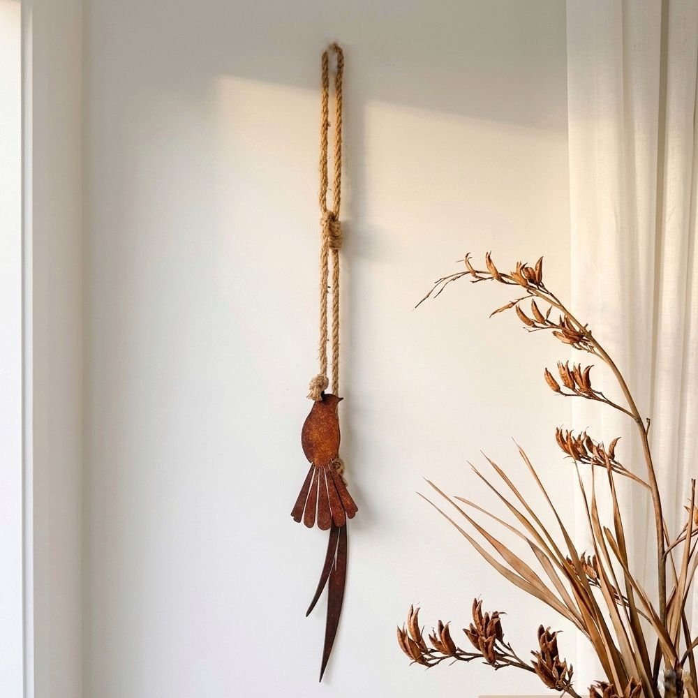 Fantail wall art NZ, corten steel piwakawaka garden art, NZ made metal bird wall decor for outdoor walls and gardens