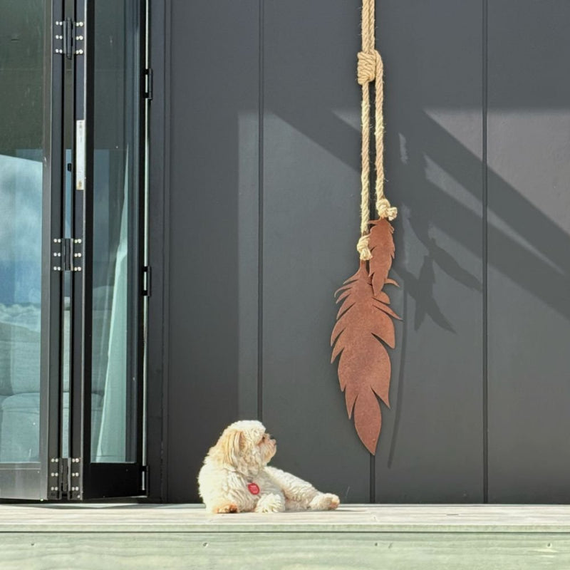 Large corten steel feather wall hanging displayed outdoors beside a pool with dog in New Zealand garden, premium metal art décor.
