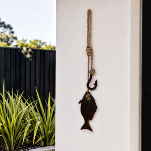 Fish and hook black powder-coated steel wall art by LisaSarah