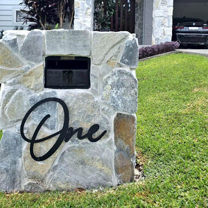 Modern letterbox with house number in words in Austrlia
