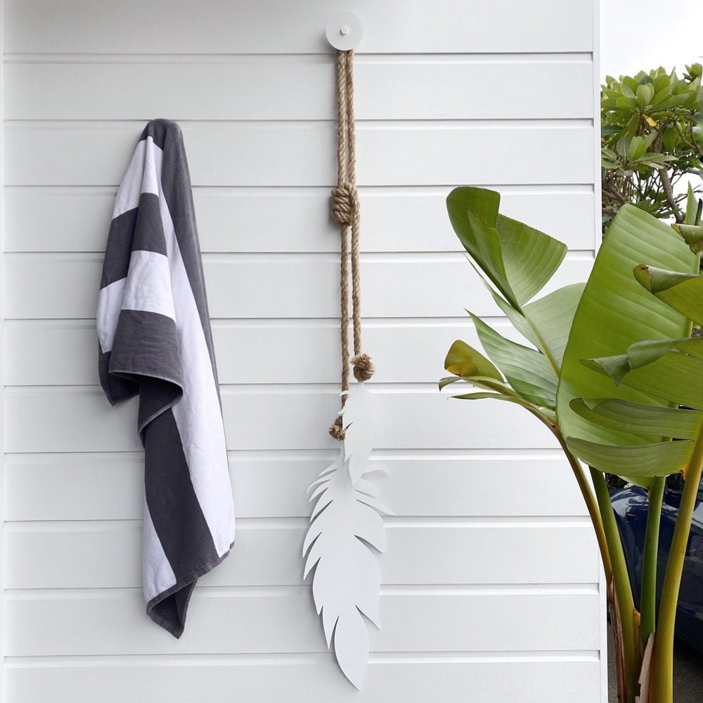 Wall Hanging exterior. feathers LARGE (white) - LisaSarah Steel Designs NZ