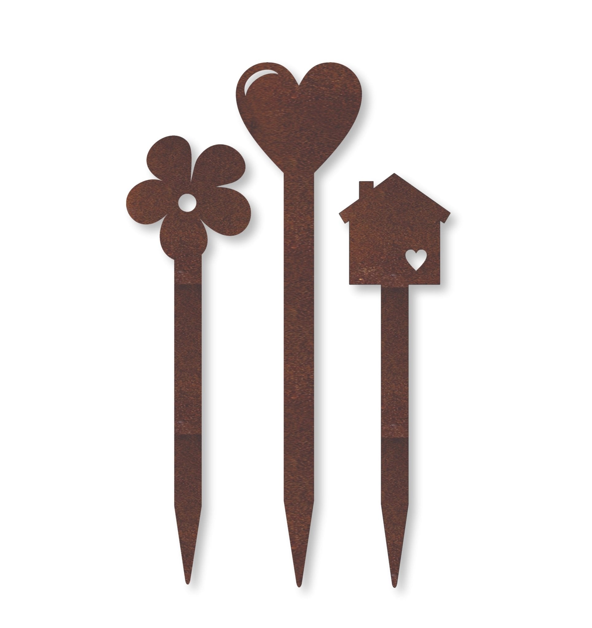 Plant decor NZ made corten steel daisy, heart and tiny house by LisaSarah Steel Designs