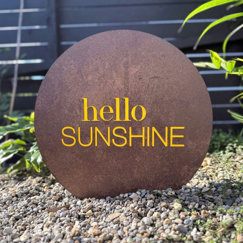 Hello Sunshine corten steel wall art – NZ outdoor sculpture with yellow acrylic