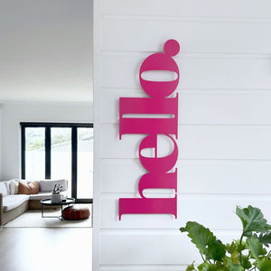 Large hot pink "hello" steel sign by LisaSarah – bold wall art in NZ home interior