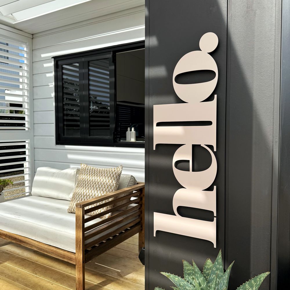 Hello Wall Word in Blush Pink - Outdoor Wall Art in New Zealand Garden