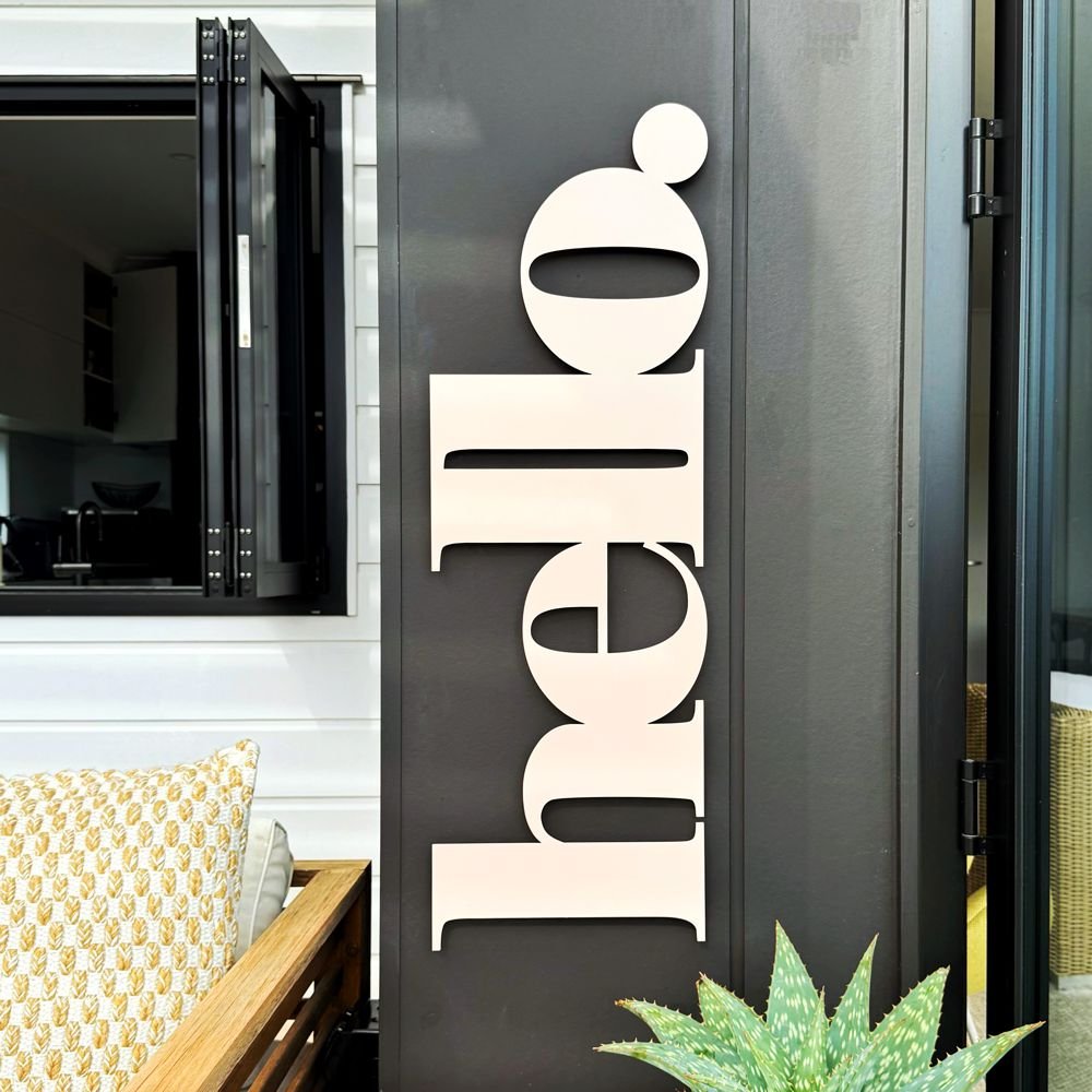 Hello Wall Word in Blush Pink - Outdoor Wall Art in New Zealand Garden