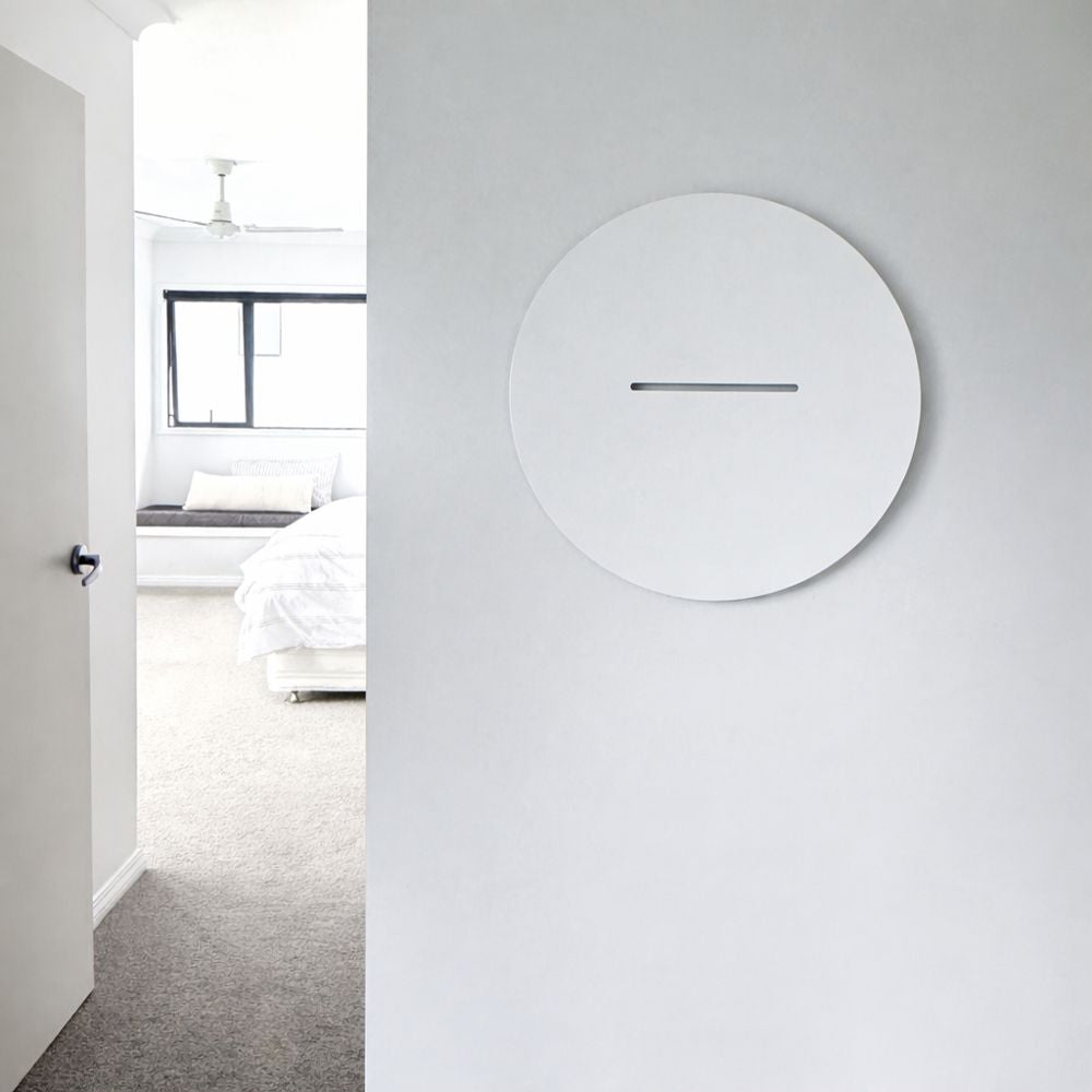 Horizon round metal wall art in Dulux Okarito, 45cm circular aluminium wall decor designed and made in New Zealand