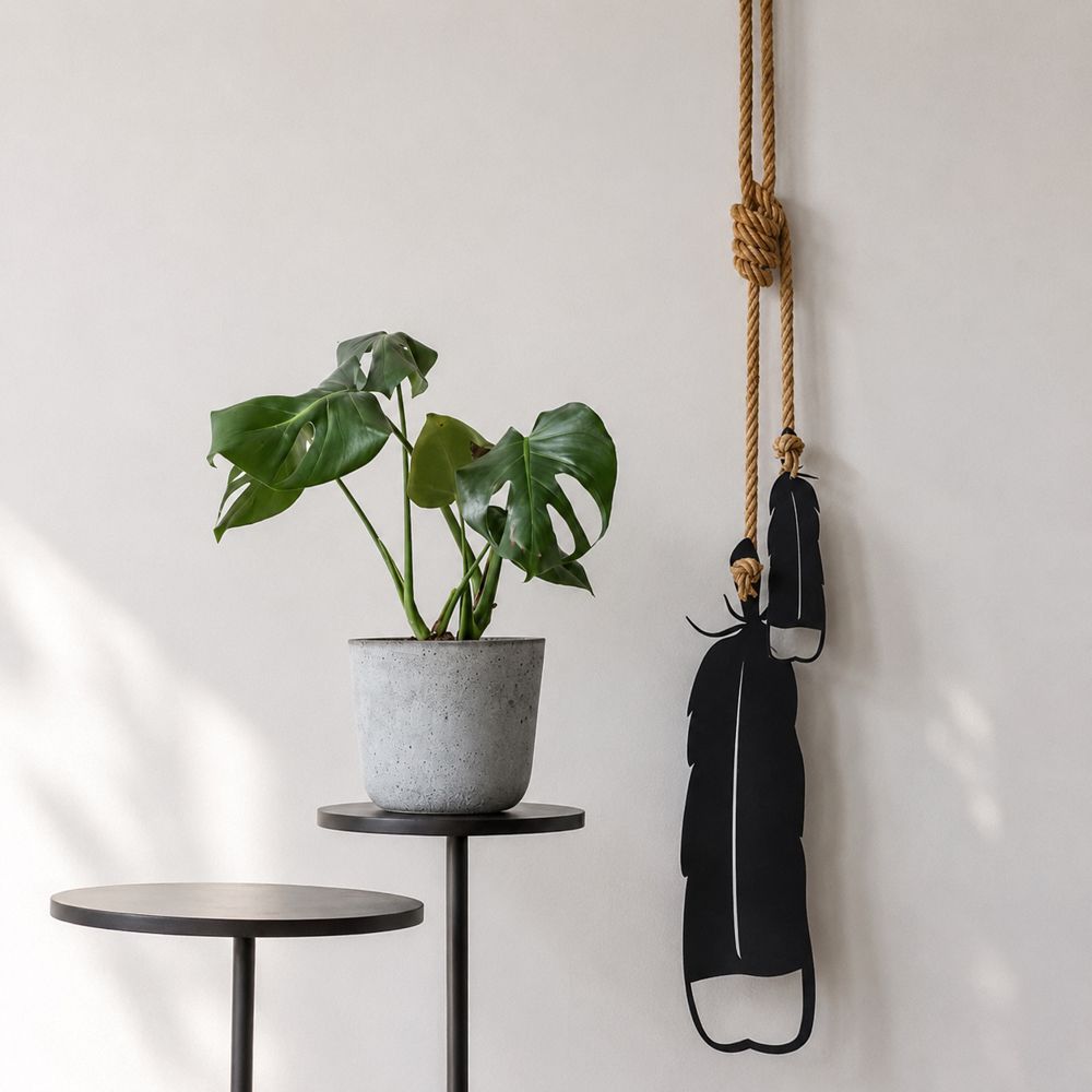 Huia feather wall art NZ – black steel with cut-through detail and natural rope -  LisaSarah