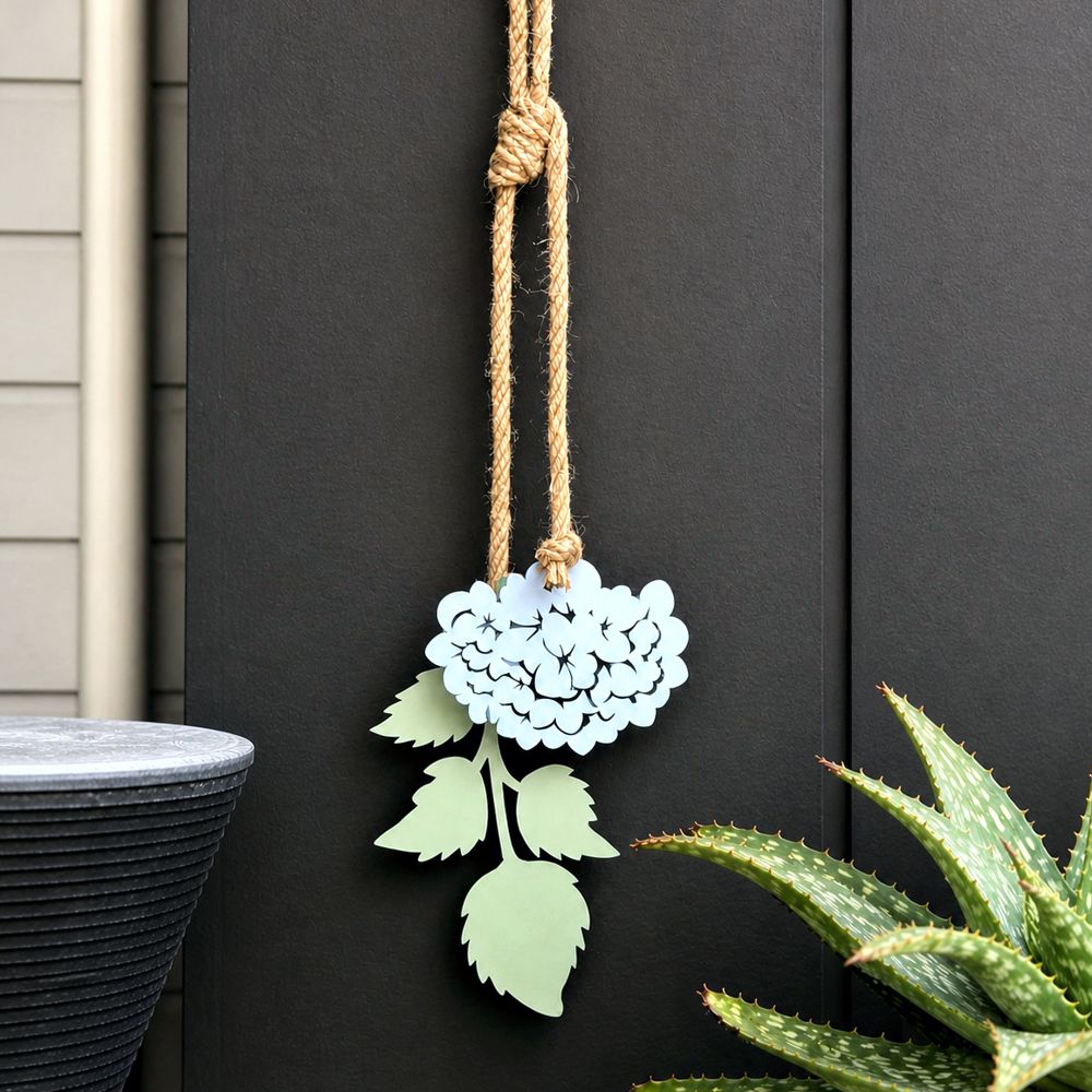 Blue hydrangea wall art NZ in steel, modern floral wall hanging for indoor or outdoor decor, designed and made in Auckland