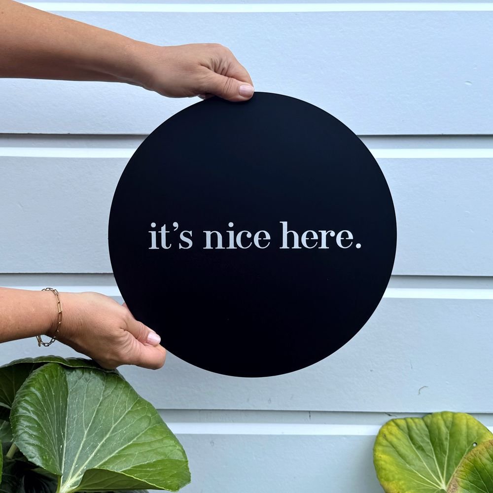 It's Nice Here 30cm black steel sign – NZ-made wall art, modern garden and home décor, indoor/outdoor steel wall sign, perfect NZ gift