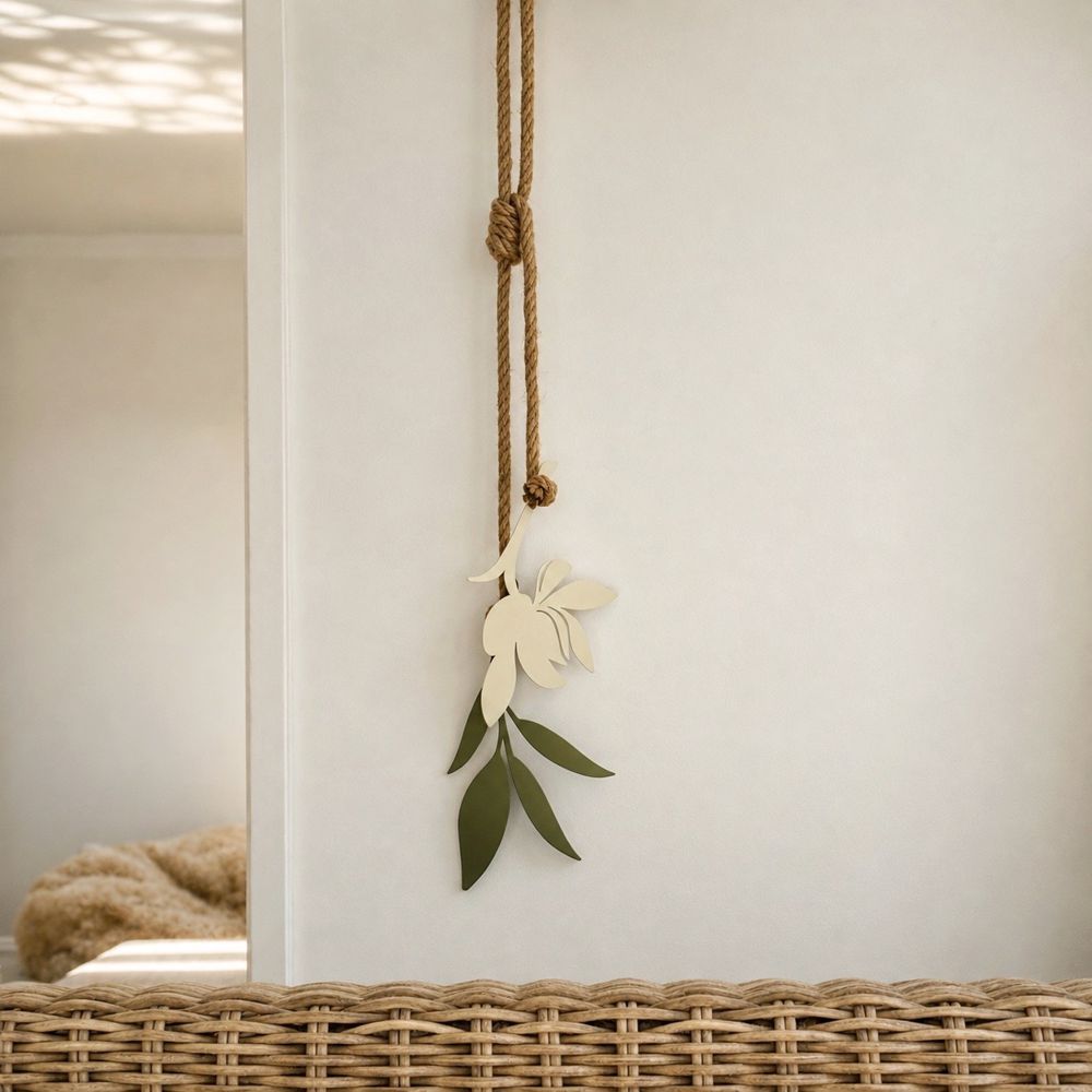 Magnolia and sage green steel flower wall hanging on rope, 80cm drop, New Zealand made