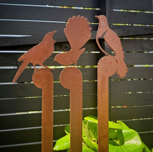 Close-up of tui, fantail and kererū corten steel bird sculptures in a New Zealand garden – NZ-made rusted steel garden art, native bird outdoor décor
