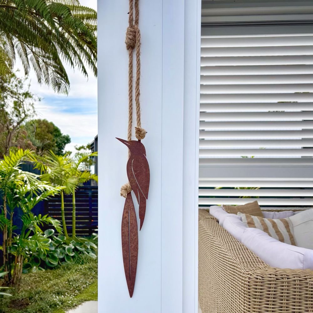 Kingfisher wall art NZ, corten steel kotare garden art, NZ made metal bird wall decor for outdoor walls and fences