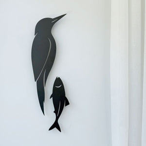 Matte black kingfisher and fish wall art in 3mm aluminium, NZ metal bird silhouette
