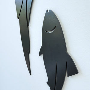Close up detail of matte black kingfisher (kotare) wall art in 3mm aluminium