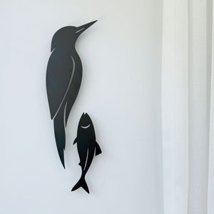 Matte black kingfisher and fish wall art in 3mm aluminium, NZ metal bird silhouette