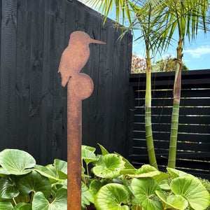 Kingfisher metal garden sculpture stake standing in landscaped New Zealand back yard