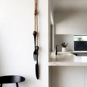 large cutlery (knife & fork) wall decor | black w natural rope