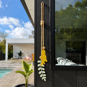 Kowhai wall hanging in yellow and sage showing the full 1.2m rope drop