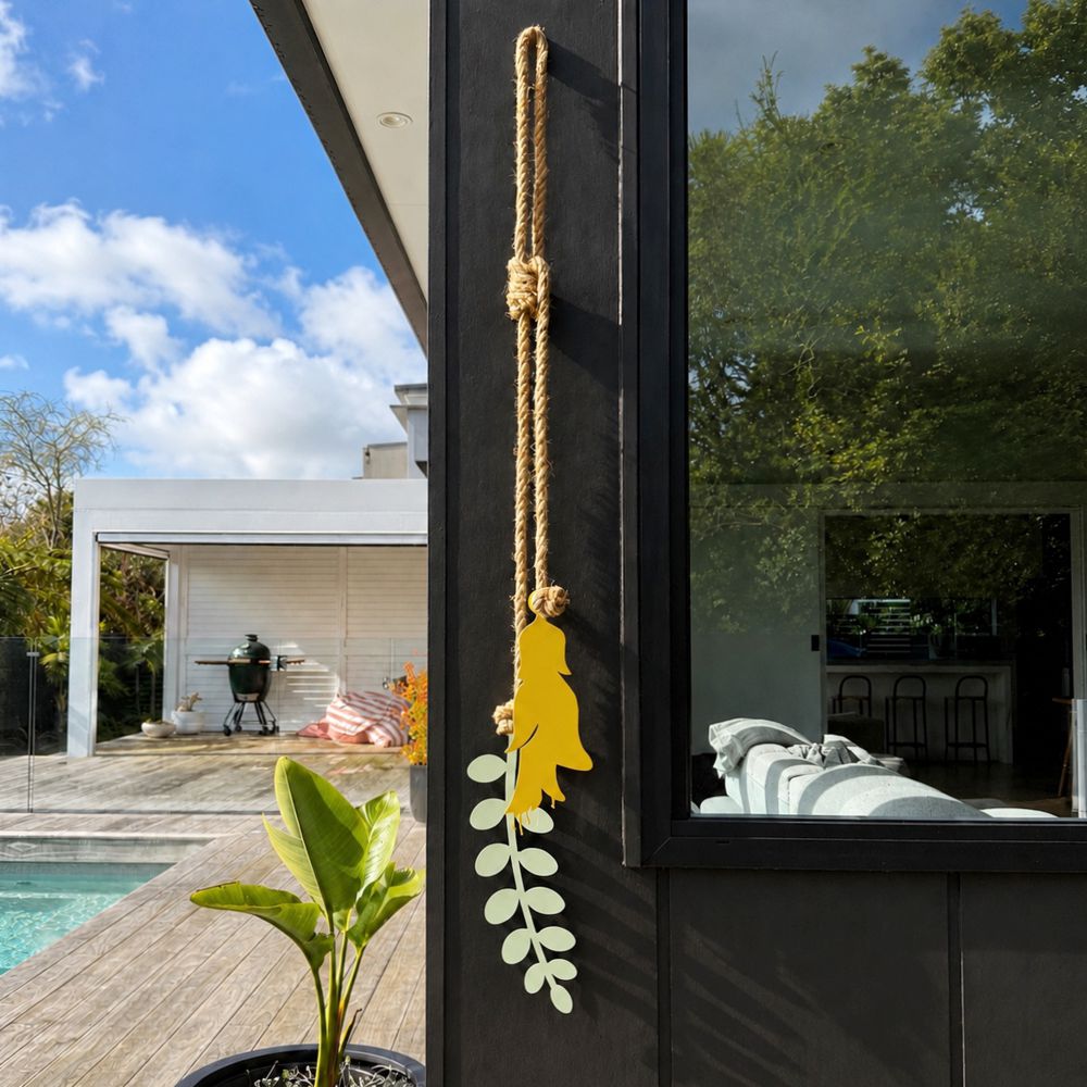 Kowhai wall hanging in yellow and sage showing the full 1.2m rope drop