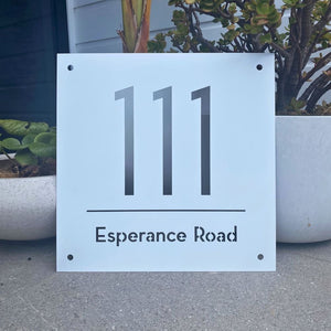Large modern white square house number address sign in New Zealand made by LisaSarah Steel Designs. 