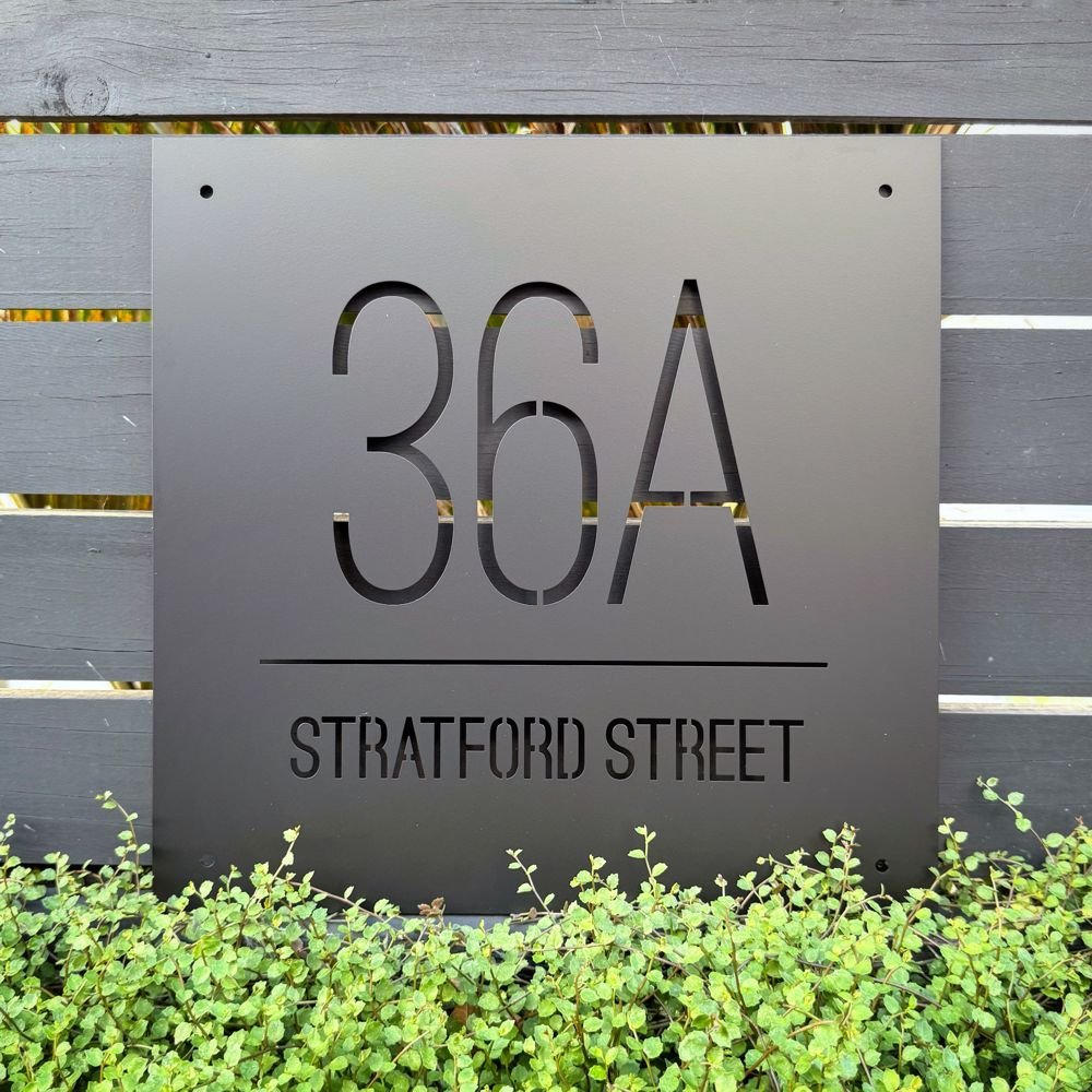 Custom black steel address sign – personalised house number sign, NZ-made, modern outdoor steel home signage, perfect gift or custom home decor in New Zealand and Australia