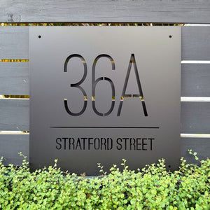 Custom black steel address sign – personalised house number sign, NZ-made, modern outdoor steel home signage, perfect gift or custom home decor in New Zealand and Australia