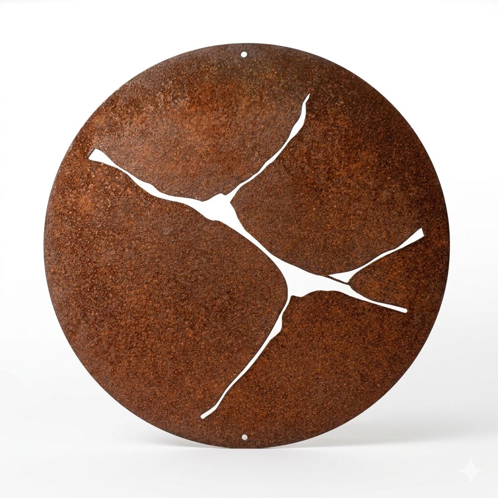 Corten steel large round outdoor wall art on black fence of modern NZ home