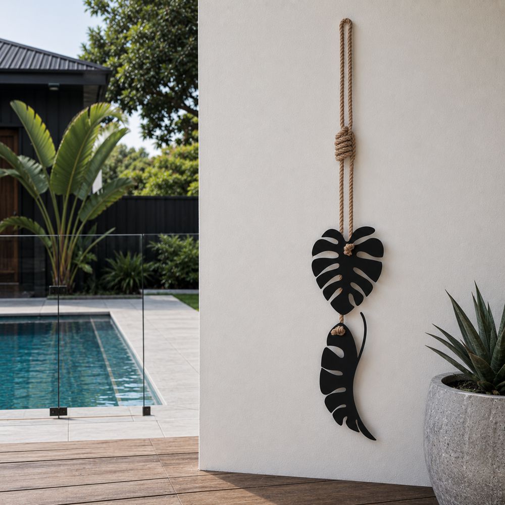 Monstera black metal wall art hanging in modern pool space in New Zealand home