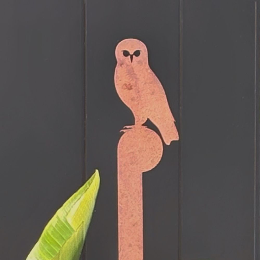 Morepork NZ metal bird stake in a planter in a New Zealand backyard.
