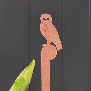 Close up of morepork (ruru) corten steel garden stake.