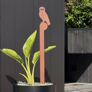 Morepork NZ metal bird stake in a planter in a New Zealand backyard.