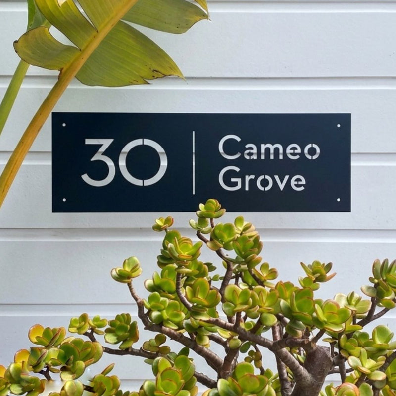 Neutra style black steel address sign on NZ home – mid century modern – LisaSarah Steel Designs