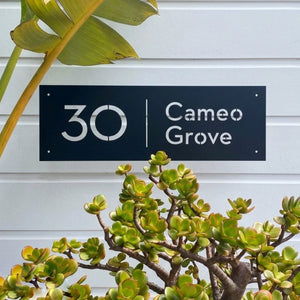 Neutra style black steel address sign on NZ home – mid century modern – LisaSarah Steel Designs