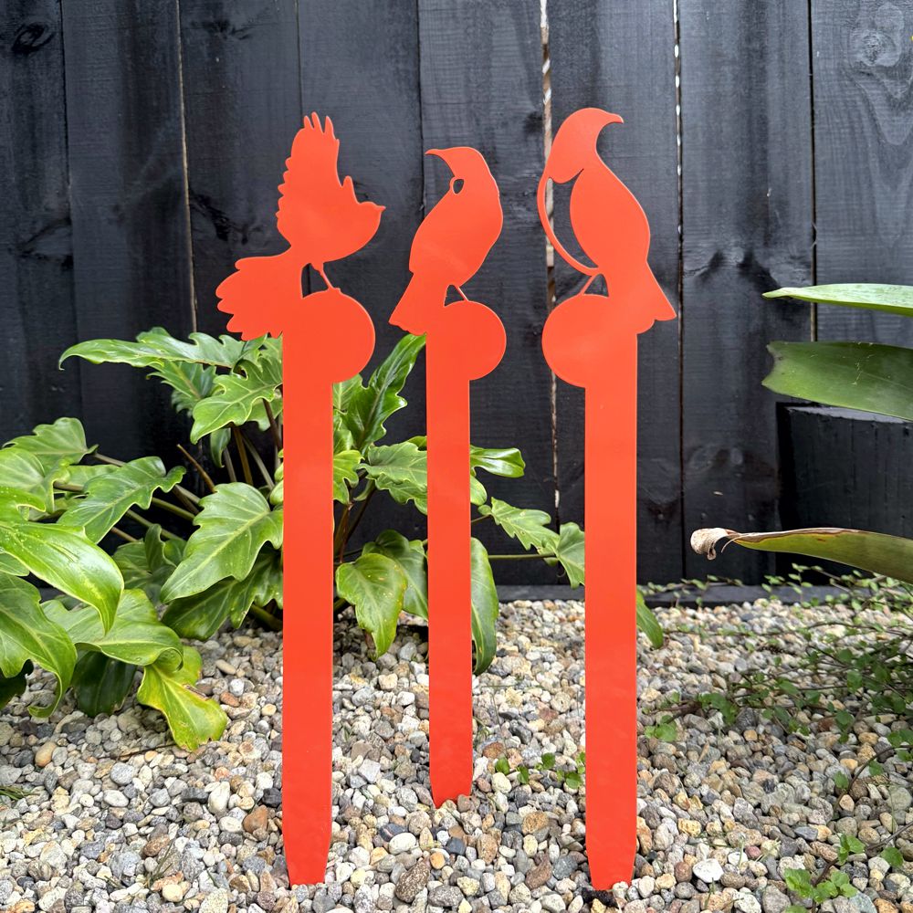 Steel garden birds in modern New Zealand garden