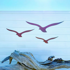 Outdoor wall decor featuring corten steel albatross birds in flight above pool. 