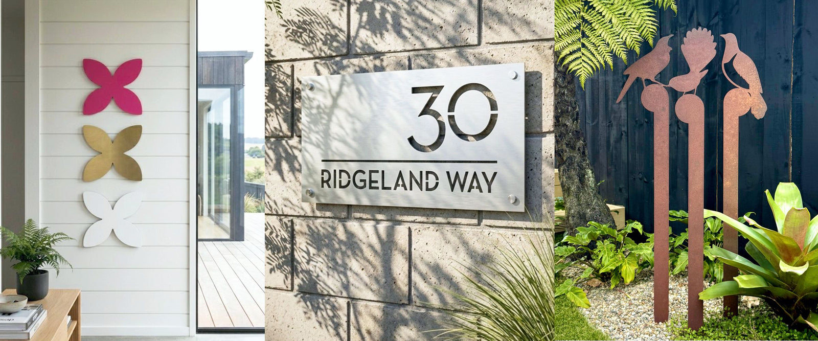 NZ-made custom steel address sign, metal wall art and garden art displayed on modern home exterior and interior by LisaSarah