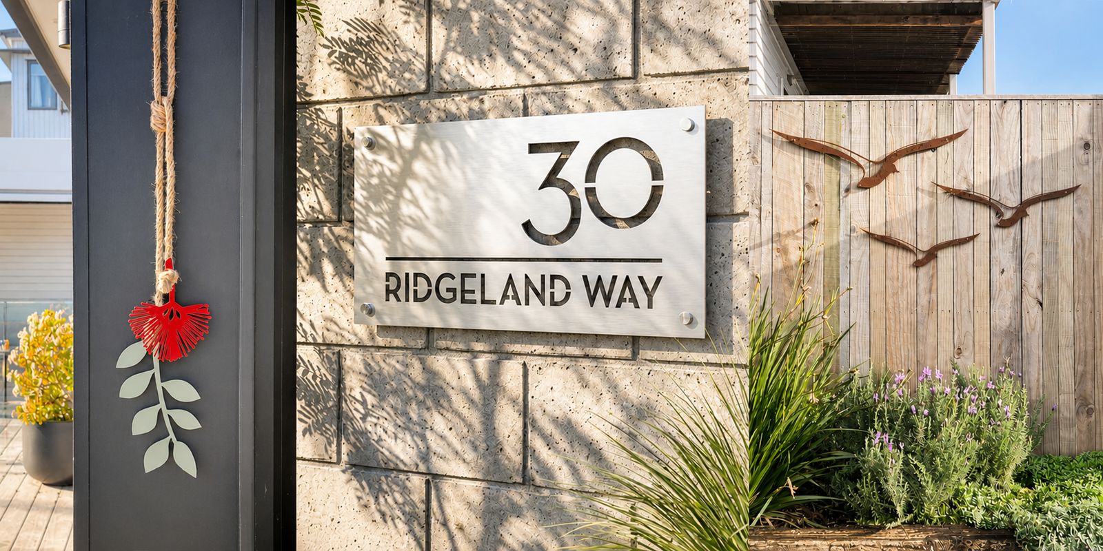 NZ-made steel address sign, pohutukawa wall art and corten bird garden art by LisaSarah
