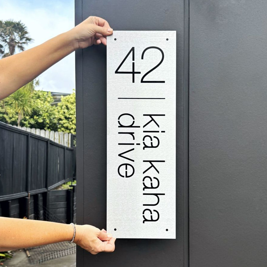 Designer custom address sign in NZ – modern house number plaque by LisaSarah, handcrafted in steel for coastal homes and urban exteriors