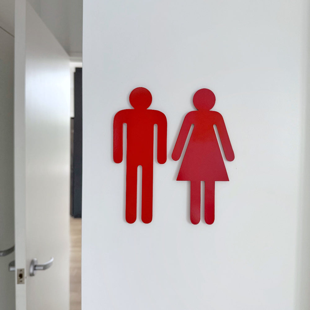 Red bathroom symbol set made from NZ stainless steel for indoor and outdoor use in homes and commercial spaces
