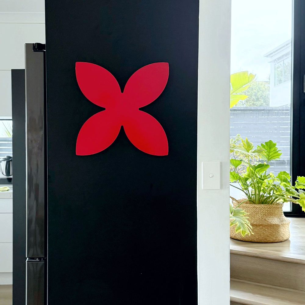 Red frangipani stainless steel wall sculpture for indoor and outdoor NZ and Australian homes