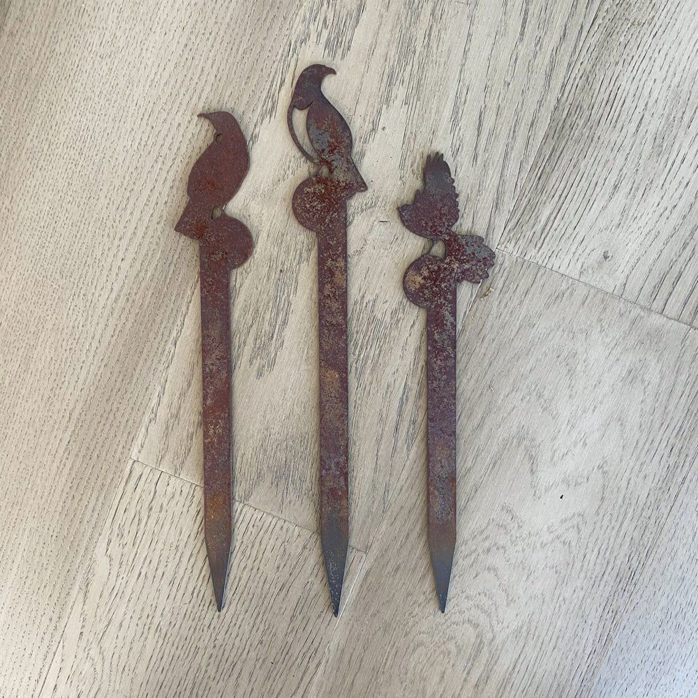 Mini NZ bird corten steel plant stake silhouettes.  Set of 3, tui, fantail and kereru by LisaSarah