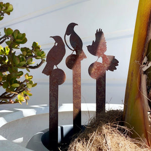 Mini NZ bird corten steel plant stake silhouettes.  Set of 3, tui, fantail and kereru by LisaSarah