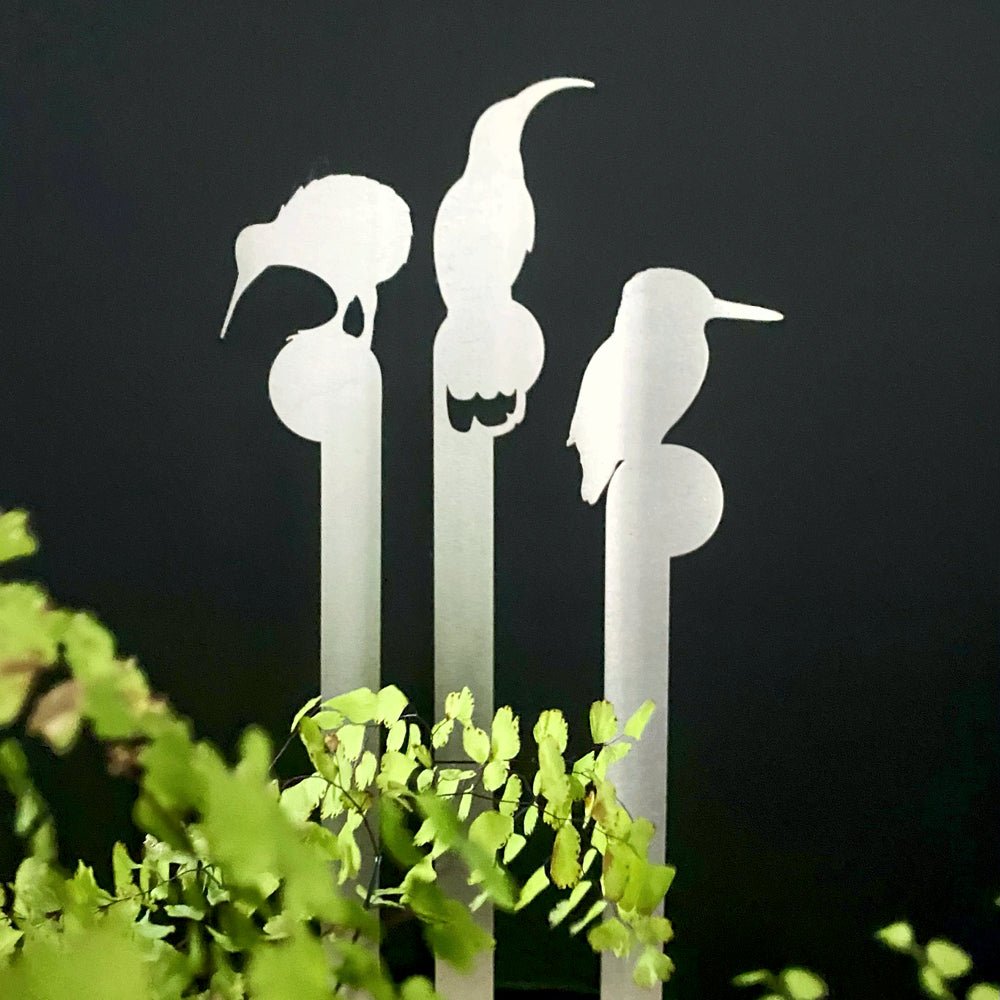 Mini stainless steel bird sets for plant.  Huia, kiwi and kingfisher