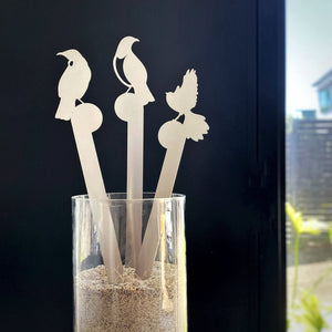 NZ brushed stainless steel birds in vase with sand.  
