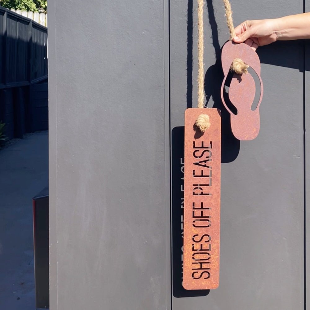 Shoes Off Please corten steel Kiwiana Wall Art with Jandal by LisaSarah Steel Designs