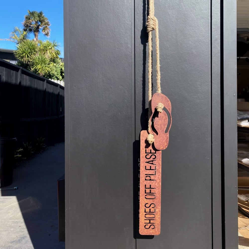Shoes Off Please corten steel Kiwiana Wall Art with Jandal by LisaSarah Steel Designs
