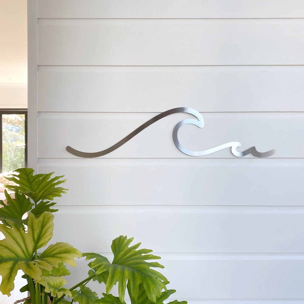 Marine grade brushed stainless steel simple wave line wall art for outdoors.  Yard art NZ