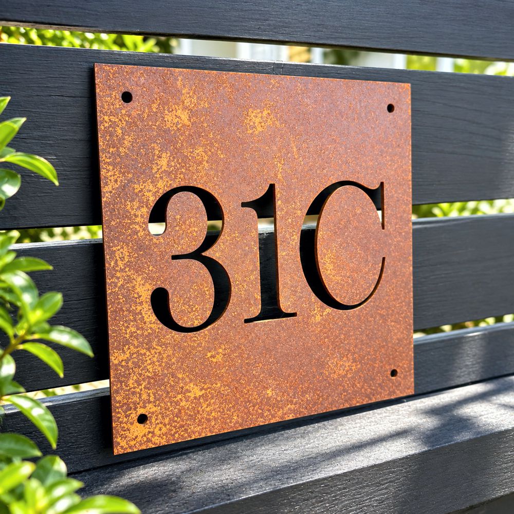 A square rusted metal house number sign reading '31C' mounted on a dark wooden slat fence, with green foliage visible on the left.